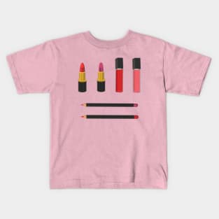 Makeup Set: Lip Products (Pink Background) Kids T-Shirt